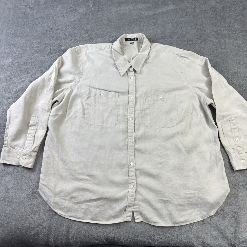 Lauren Ralph Lauren Shirt 100% Linen 3X Button Up Beige Roll Tab Coastal Preppy